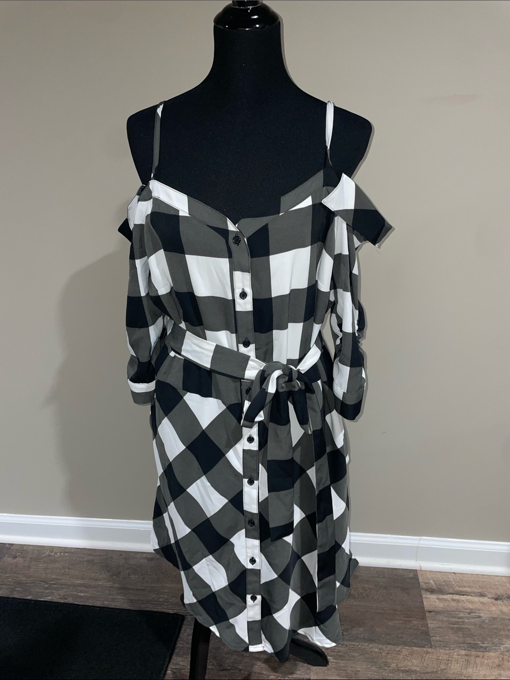 Bar III Black and White Plaid Cold-Shoulder Midi Dress